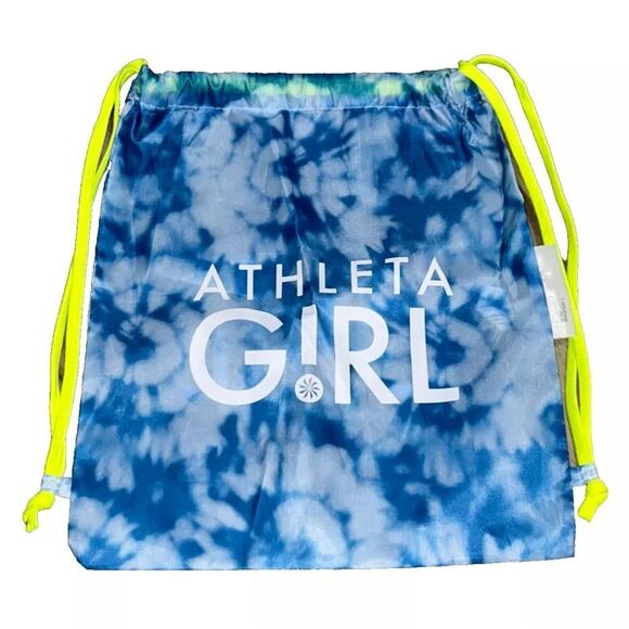Athleta Girl‎ Tie-Dye Drawstring Backpack Neon Yellow Gym Bag Blue White - Picture 1 of 9